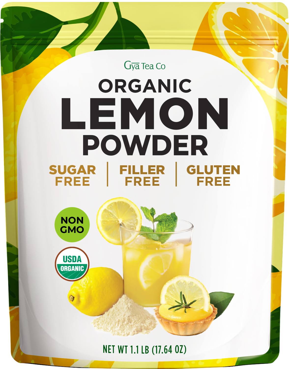 Gya Tea Co Lemon Powder 1.1lb (17.64 Oz) - USDA Organic 100% Fresh Natural Consistent Lemon Taste, No Sugar & Additives - Great