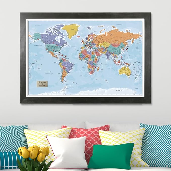 Push Pin Travel Maps - Customizable Blue Oceans World Push Pin Travel Map with Rustic Black Frame- 27.5" x 39.5" - 8 Handcrafted Frame Options - Made in USA - Ideal for Adventurous Travelers