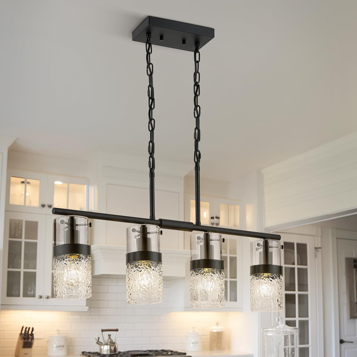 LMS 4-Light Island Lights, Farmhouse Light Fixtures with Hammered Glass Shade, Matte Black Linear Chandelier Pendant Lighting Ov
