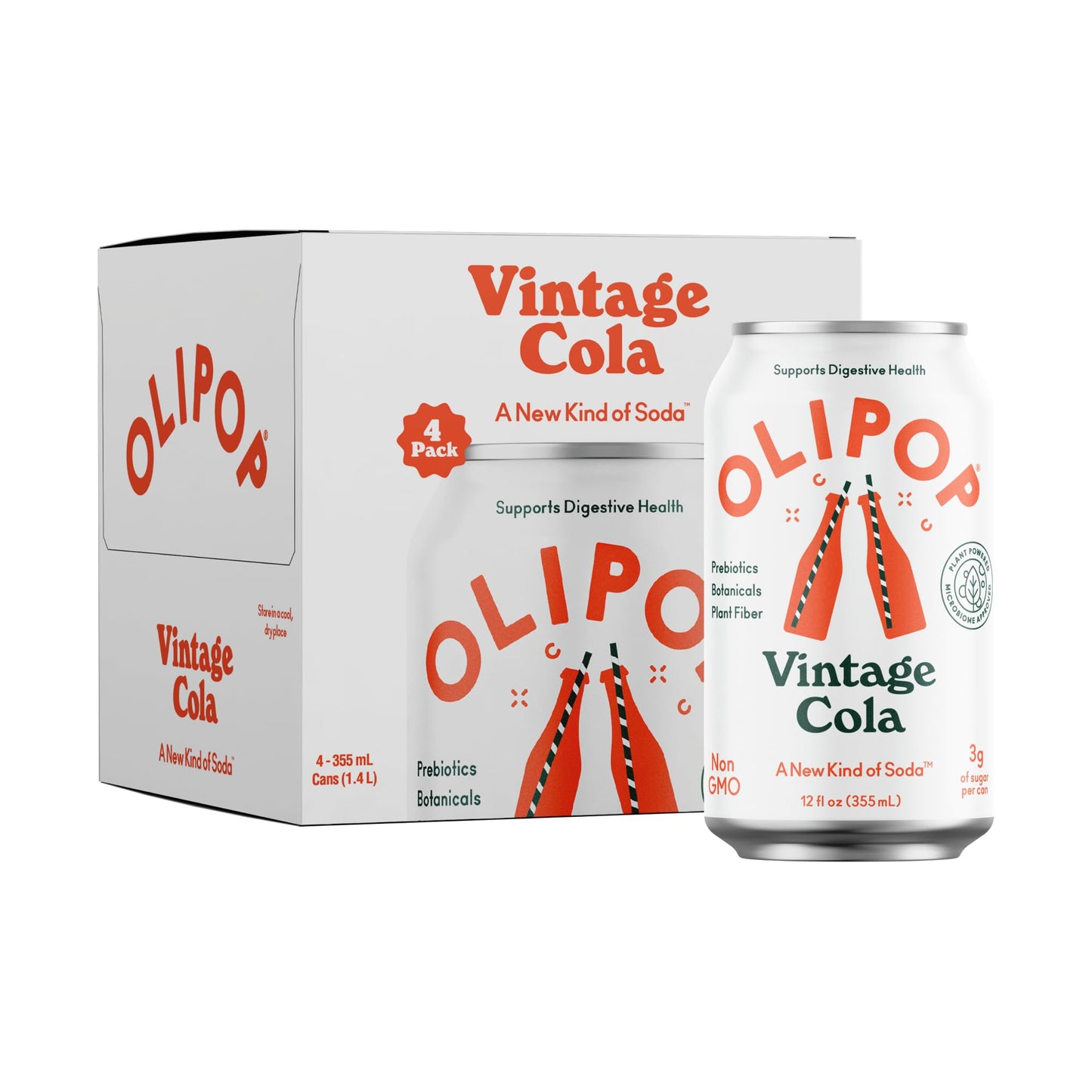 OLIPOP Prebiotic Soda Pop Vintage Cola Prebiotics Botanicals Plant Fiber 12 fl oz (4 Cans)