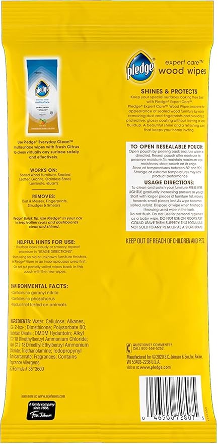 Pledge Multi-Surface Furniture Polish Wipes, Works on Wood, Granite, and Leather, Cleans and Protects, Lemon (24 Total Wipes) (Pack of 2)