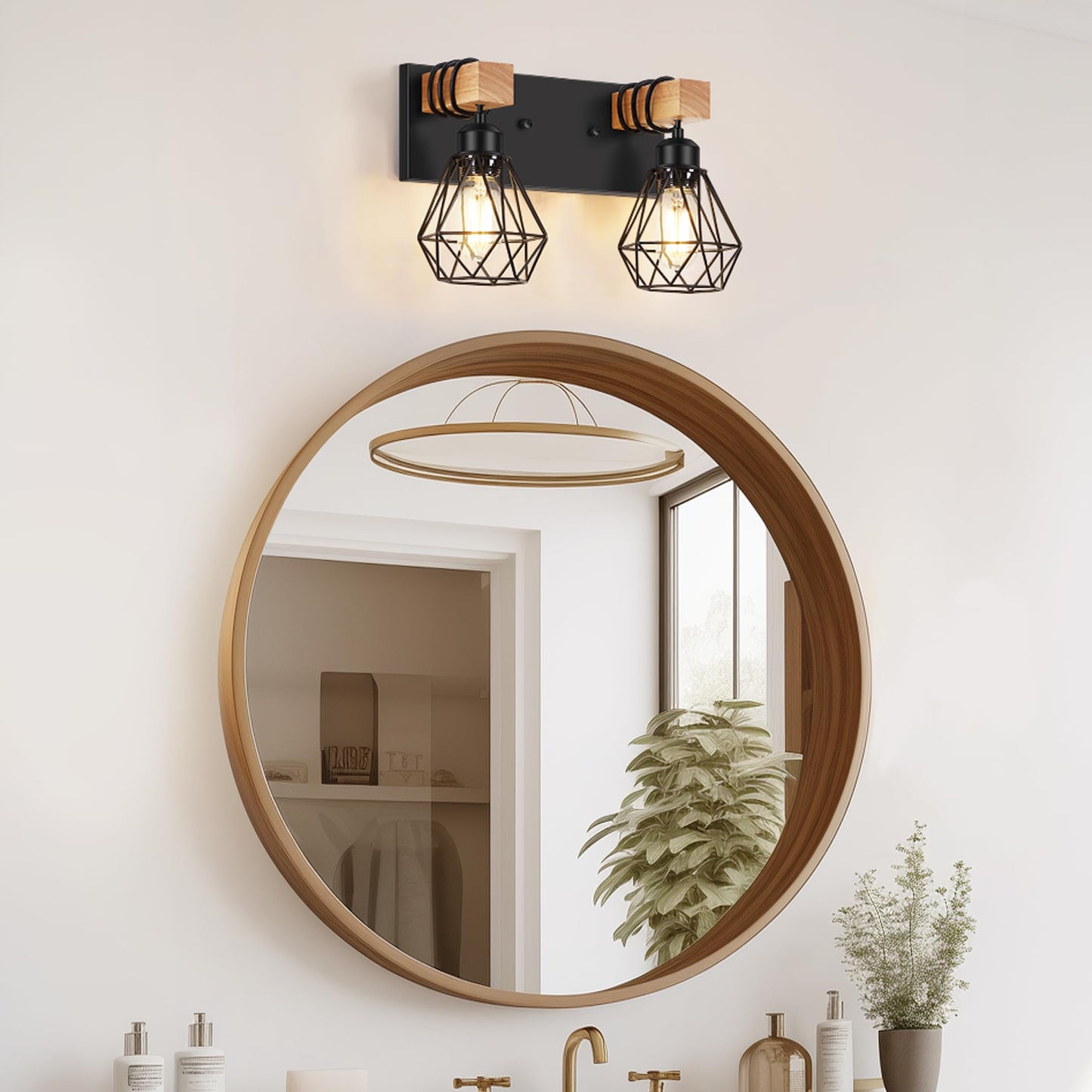 Fadimikoo 2-Light Rustic Style Wood Bathroom Wall Sconce Farmhouse Vanity Lighting Fixture Fopr Bathroom Industrial Wood Wall Light Over Mirror With Metal Shade Bulbs Not Included