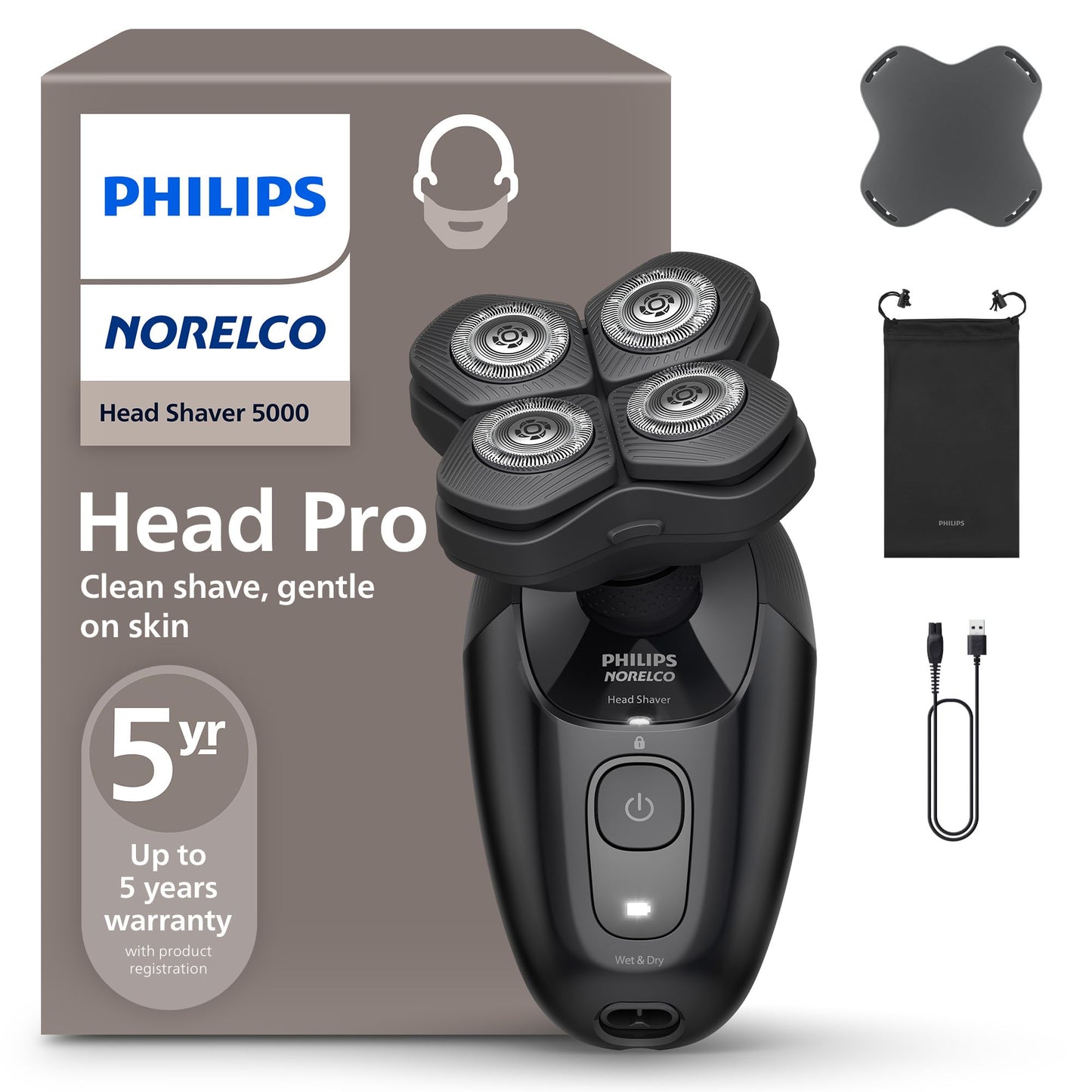 Philips Norelco Head Shaver Pro 5000 Series - Skull Shaver for Men and Women, 360 Flexing Head & ComfortCut Blades for Clean Sha