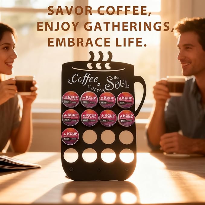 Metal K Cups Coffee Pod Holder, 19 Pods Holder Display,Coffee Bar Organizer for Home ,Kitchen,Office or Workspace, Black frosted Capsule Storage | Stylish Lettering Decor (Coffee Warms Soul)