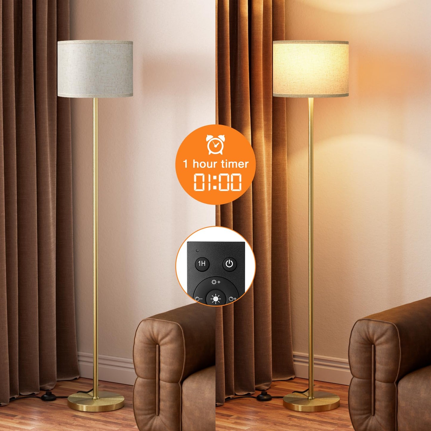 Ambimall 60in Modern Floor Lamp with Remote, Metal, Beige & Gold, Model RPT-ZGB121