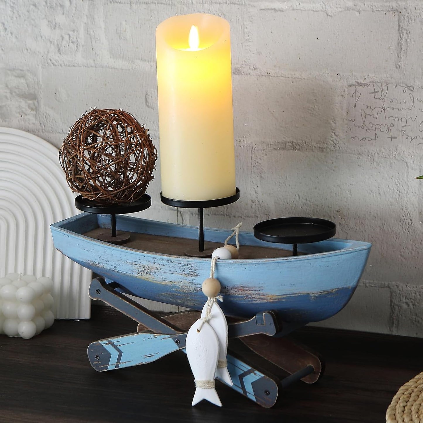 Nautical Candle Holder for Beach House Table & Lake House - Ocean Themed Farmhouse Boat Candlestick Holders, Marine Beach Style Handmade Coastal Accent, Housewarming Gifts