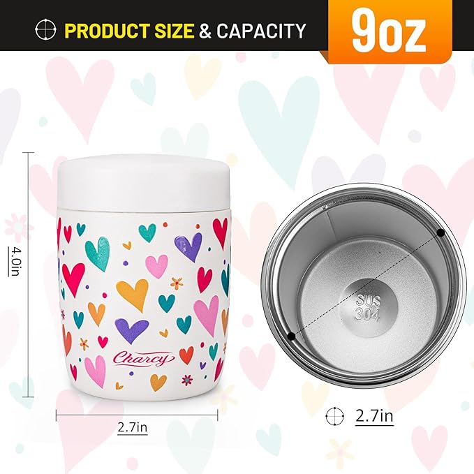 Charcy 9oz Stainless Steel Vacuum Insulated Kids Food Jar - Soup Thermo for Hot & Cold Food - White Heart