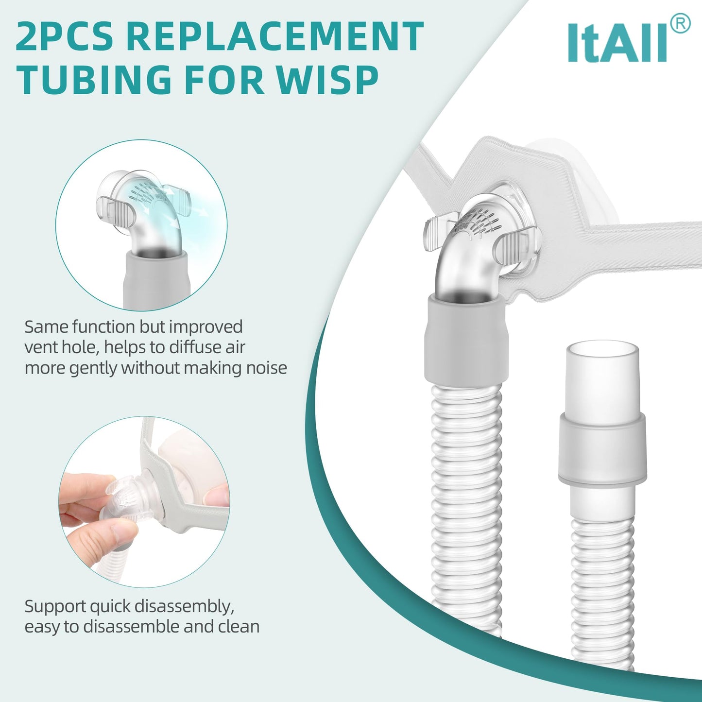 2PCs Replacement Tube for Respironics Wisp, FSA HSA Eligible, Short Tube with Improved Quick Release & Swivel Design, Added Flexibility & Lower Noise,ItAll Supplies for CPAP Users