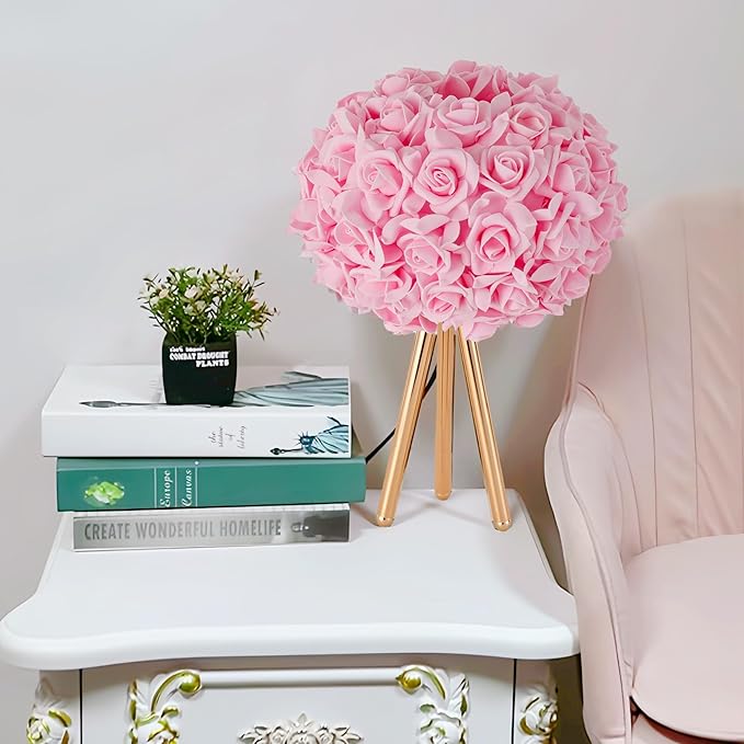 Pink Rose Flower Lamp Cute Table Lamp Flower Desk Lamp Floral Bedside Nighstand Light Atmosphere Girls Princess Lamp with Gold Tripod for Bedroom Wedding Christmas Gift Hotel Living Room