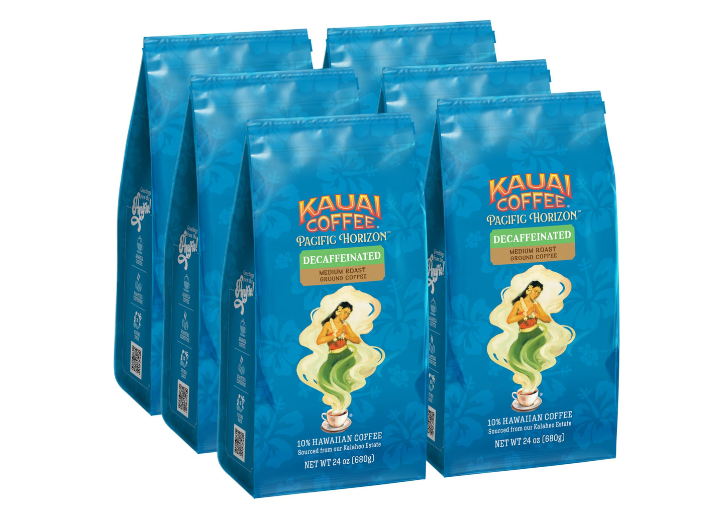 Kauai Coffee Ground Coffee - Smooth Rich Medium Roast - Light Floral Notes and Bright Aroma - Arabica Coffee 10% Hawaiian with No Bitterness - Decaf 6 Packs of 24oz
