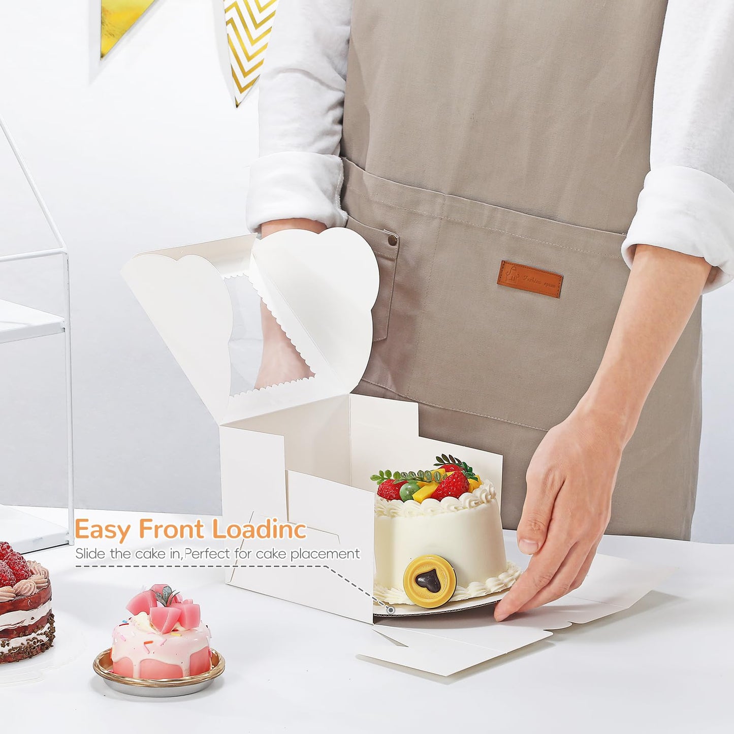 EQOREIIN 4pcs 6 Inch Cake Boxes with Sticks and Boards for Cookies, Small Cakes, Mini Desserts, Bento, and Bakery, Cupcake Box for Birthday, Party, Wedding, Mother's Day, Christmas(6x6x5 inch)