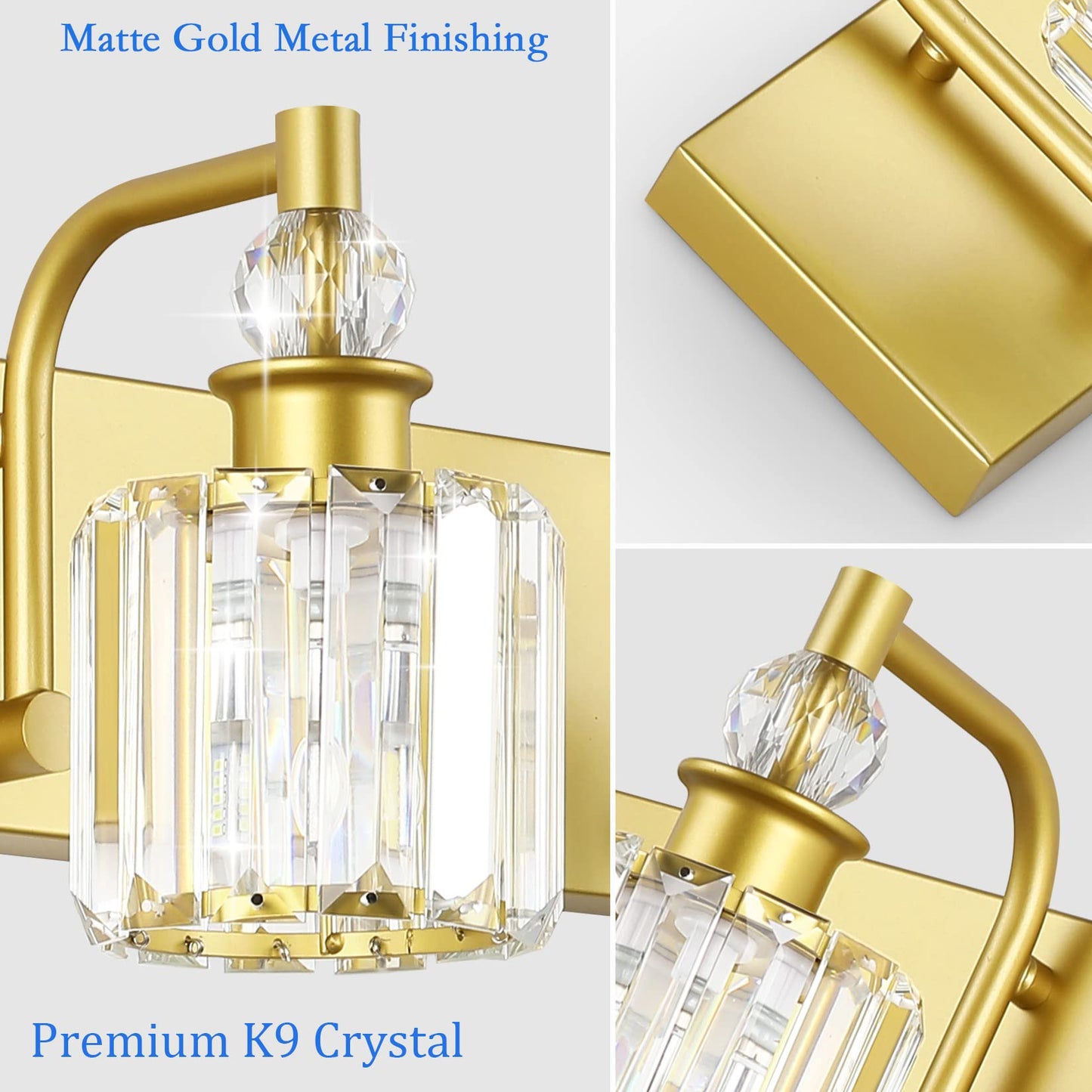 Ralbay 3 Light Crystal Vanity Light Fixture, 24 Inch Gold Bathroom Lighting, Model 8605