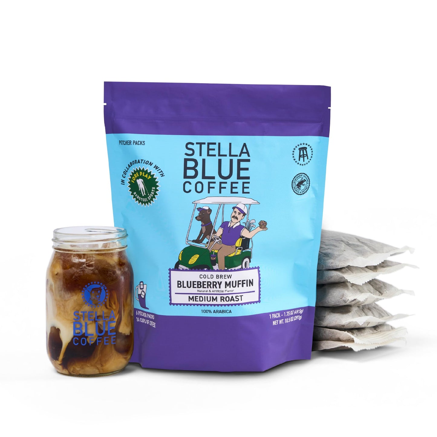 Stella Blue Cold Brew Coffee Bags Blueberry Muffin Medium Roast Ground Coffee Smooth Bold and Refreshing 100% Arabica 6 Brew Packets Makes 24 Cups Rainforest Alliance Certified