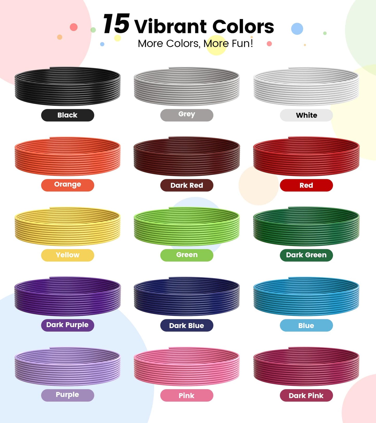 1.75mm 3D Pen Filament Refills Compatible with SCRIB3D P1/ADV MYNT3D Basic/Super/Pro, 15 Colors, 240ft, 16ft per Color, Comes with 2 Finger Caps & Stencil