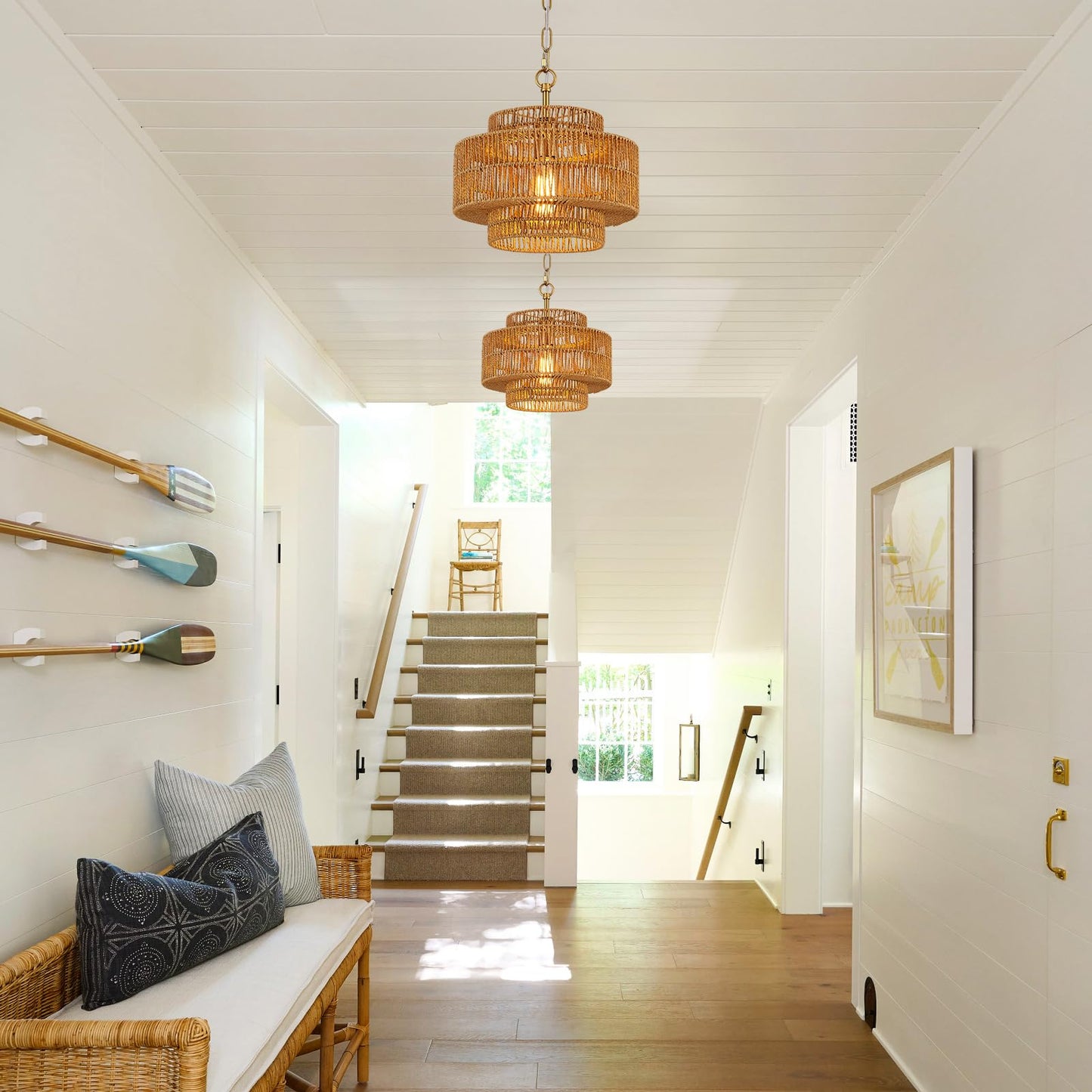 Tunkayli 12.6 Rattan Pendant Light Fixture Vintage Farmhouse Hand-Woven Boho Bamboo Pendant Lighting Mini Drum Wicker Golden Chandelier For Kitchen Island Bedroom Dining Room Entryway Foyer
