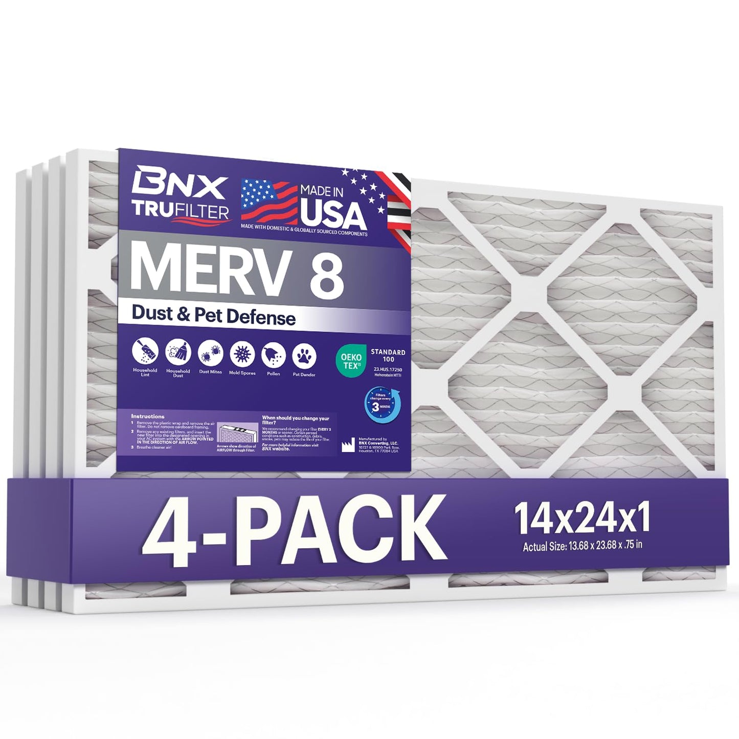 BNX TruFilter 14x24x1 Air Filter MERV 8 (4-Pack) - MADE IN USA - Dust & Pet Defense Air Conditioner HVAC AC Furnace Filters for