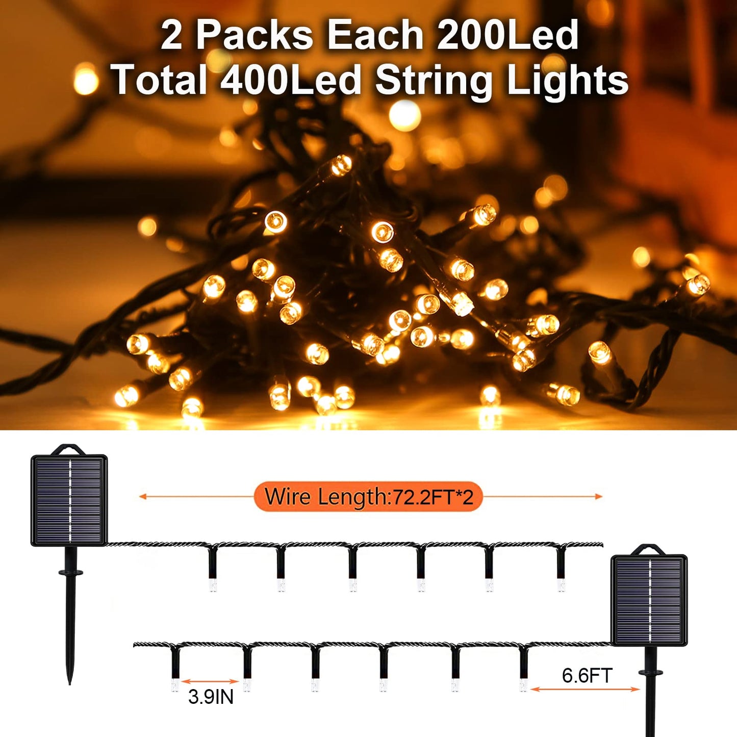 YAOZHOU Solar Christmas String Lights, 400 LED, 151ft, Warm White, IP44 Waterproof, 8 Modes, Outdoor Fairy Lights for Garden, Patio, Party