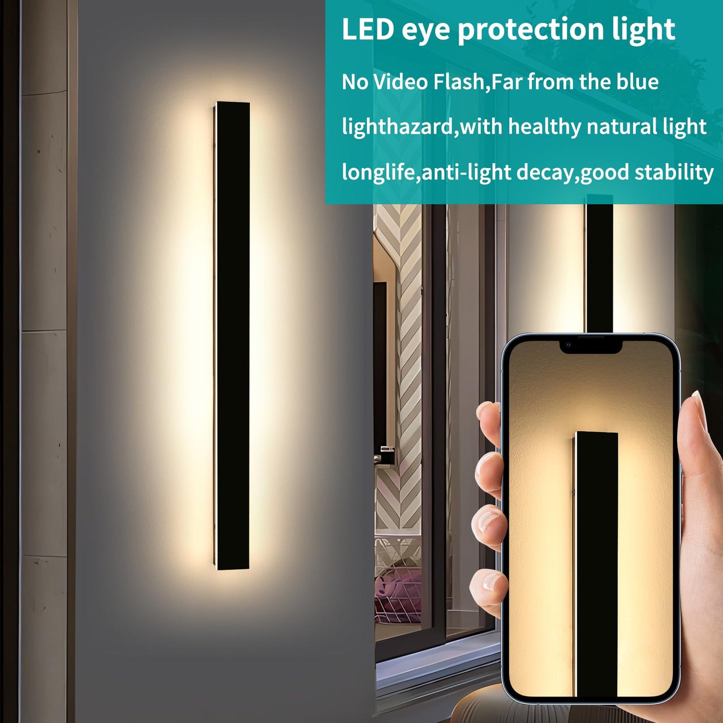 Mikeru 3CCT Dimmable Outdoor Wall Sconce, 57in IP65 Waterproof, Modern Black, Remote Control, Model FTBD-ZB2P, 2-Pack