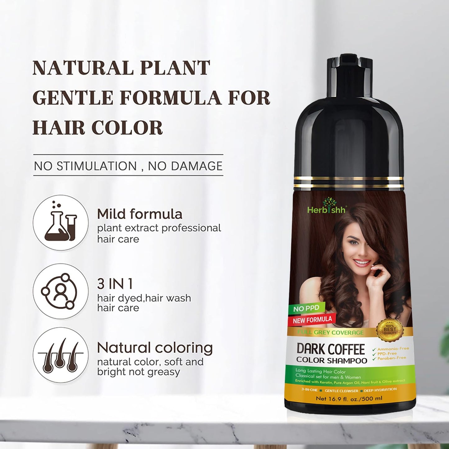 Herbishh Hair Color Shampoo for Gray Magic Dye Colors in Minutes Long Lasting 500ml 3-In-1 Color Ammonia-Free (Dark Coffee)
