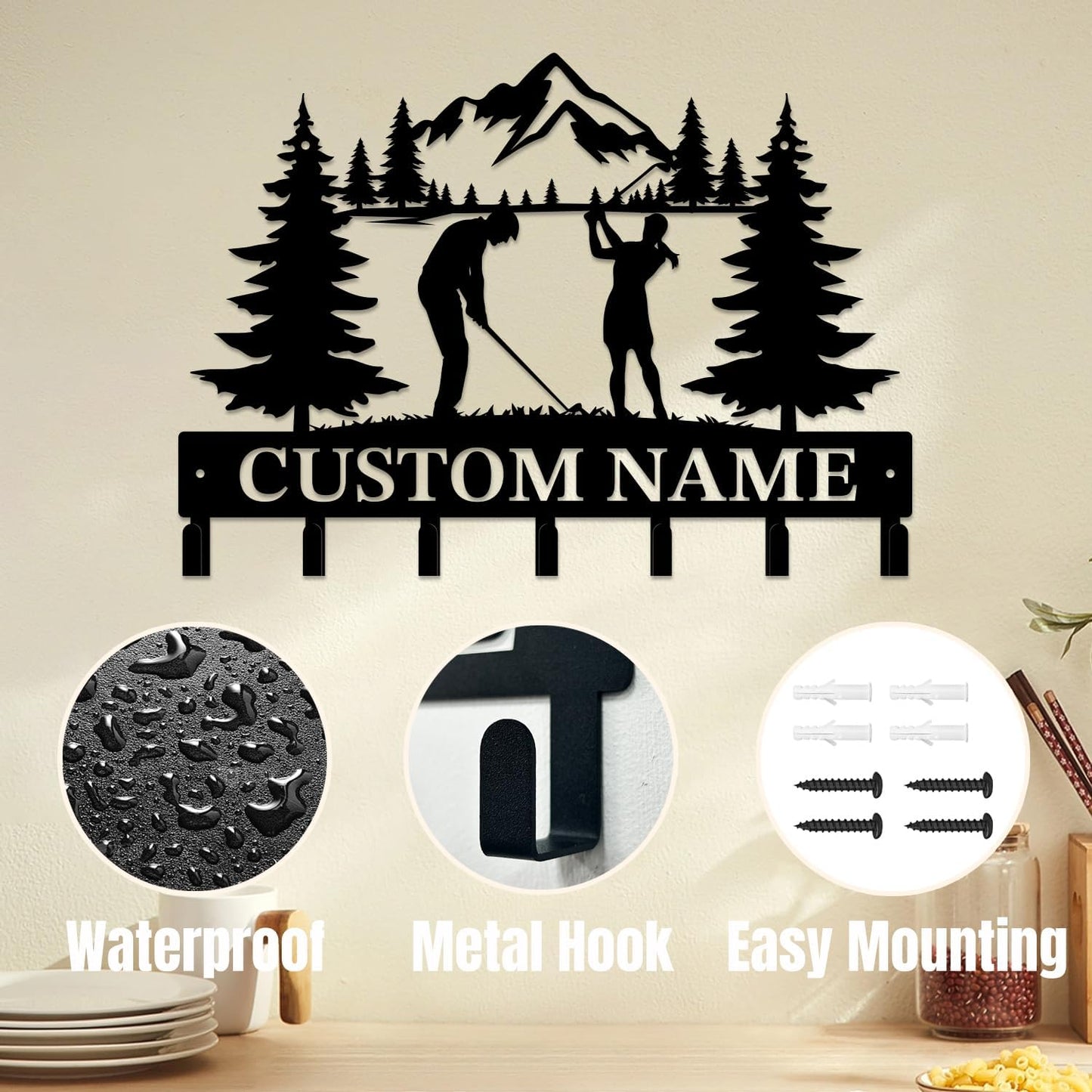 Personalized Custom Name Golf Ball Wall Keys Hooks,Metal Golf Art Clothes Hooks,Metal Golf Lover Wall Home Storage Decorative,For Front Door, Hallway, Kitchen, Bedroom,Keys,Hats (Style C)
