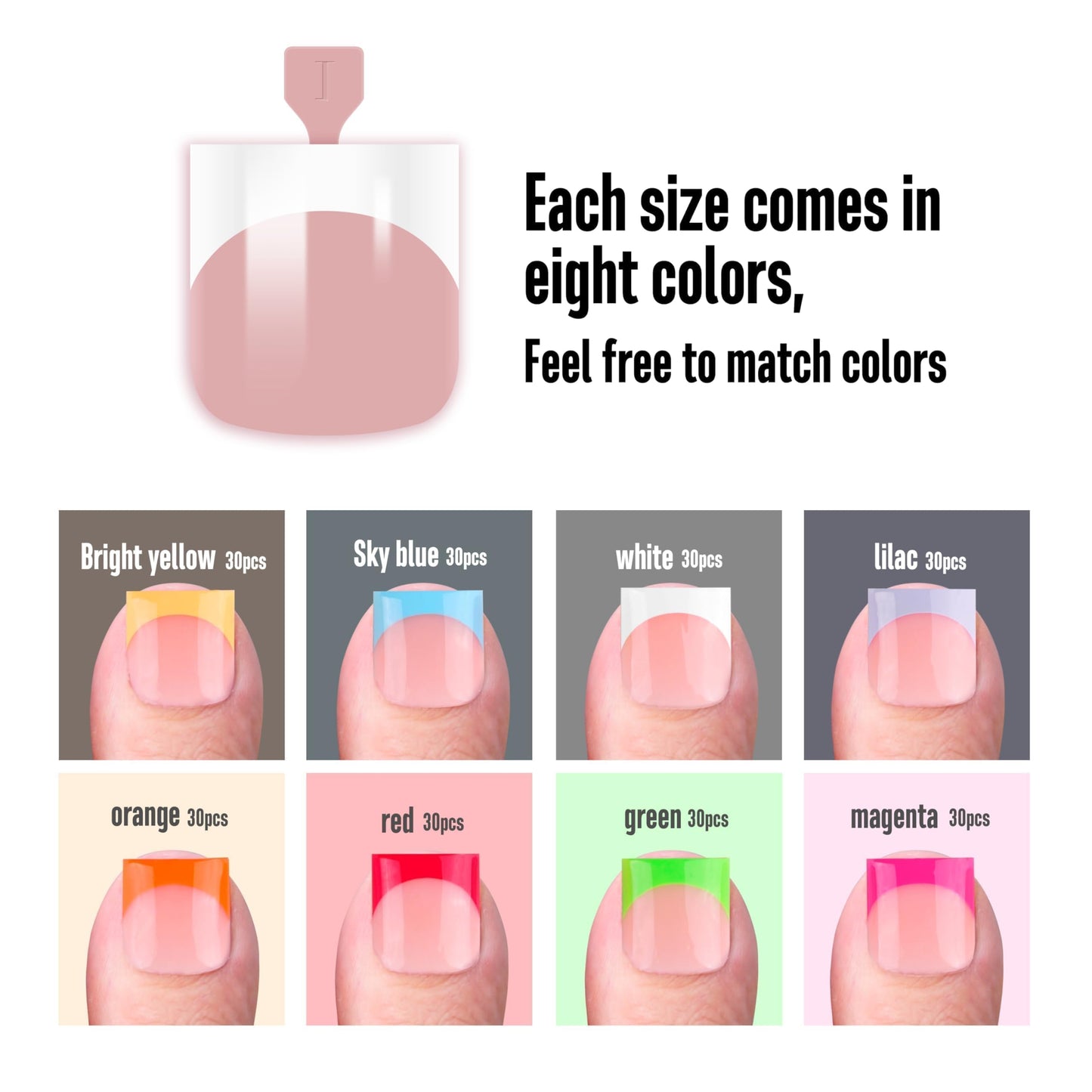 NOVO OVO French Tip Toe Nail Tips press on 8 MIXED COLOR, Sharp Square Toe Nail Tips BABY PINK Toenail Extension, Need Builder G