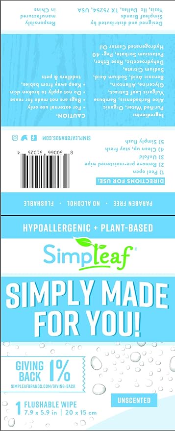 Simpleaf Flushable Unscented Single Pack Wet Wipes | Eco-Friendly Paraben & Alcohol Free | Hypoallergenic & Safe for Sensitive Skin | Soothing Aloe Vera Formula | (30 x 4 Single Pack Wipes)