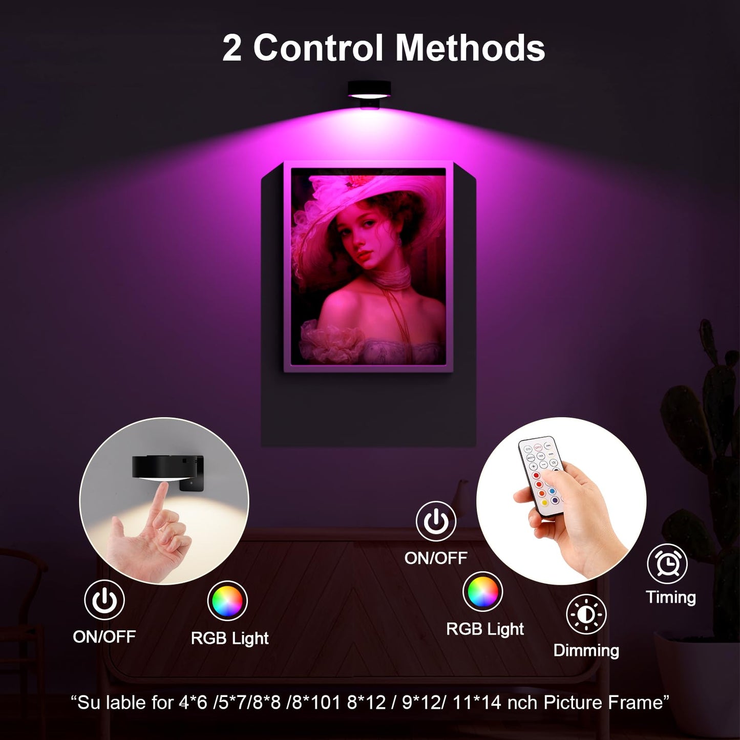 Narotood 3 Pack Picture Lights, RGB Color, Rechargeable Battery Operated, Wireless Magnetic, Remote Control, Black, Model 3BHD00012