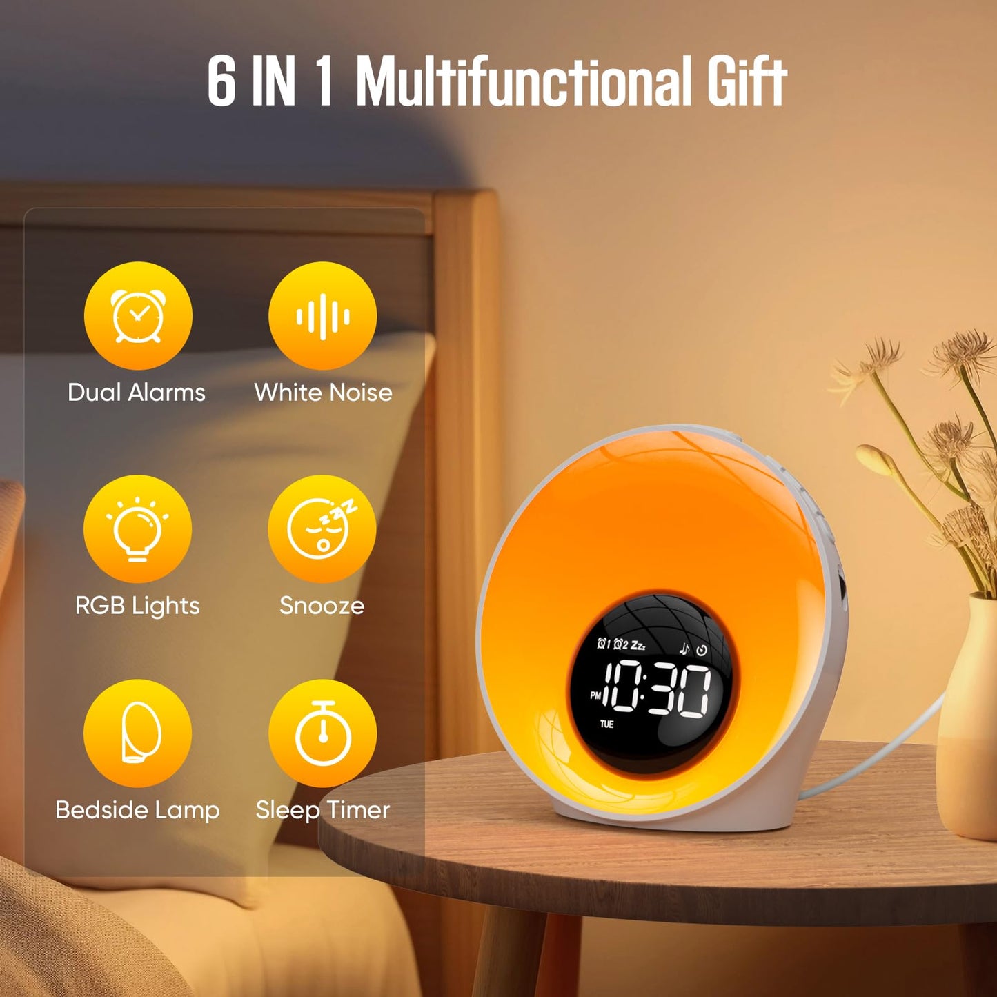 Wake Up Light Sunrise Alarm Clock, White Noise Sleep Sound Machine with 30 Soothing Sounds, Night Lights, Dual Alarms, Snooze, Timer, Bedside Lamp, Christmas Gift for Women, Kids, Heavy Sleepers