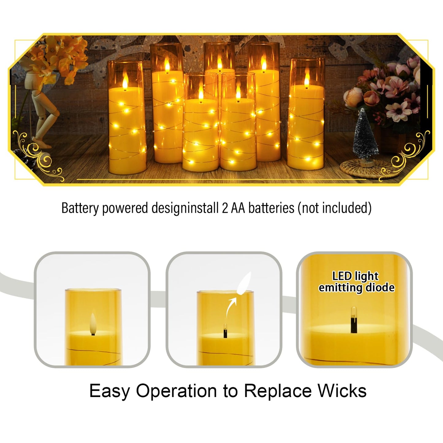 Eebuss Flameless Candles with Embedded Star String, Battery Operated LED Pillar Candles with Timer and Remote Control,Home Decorating for Ambiance, Set of 7 (Gold)