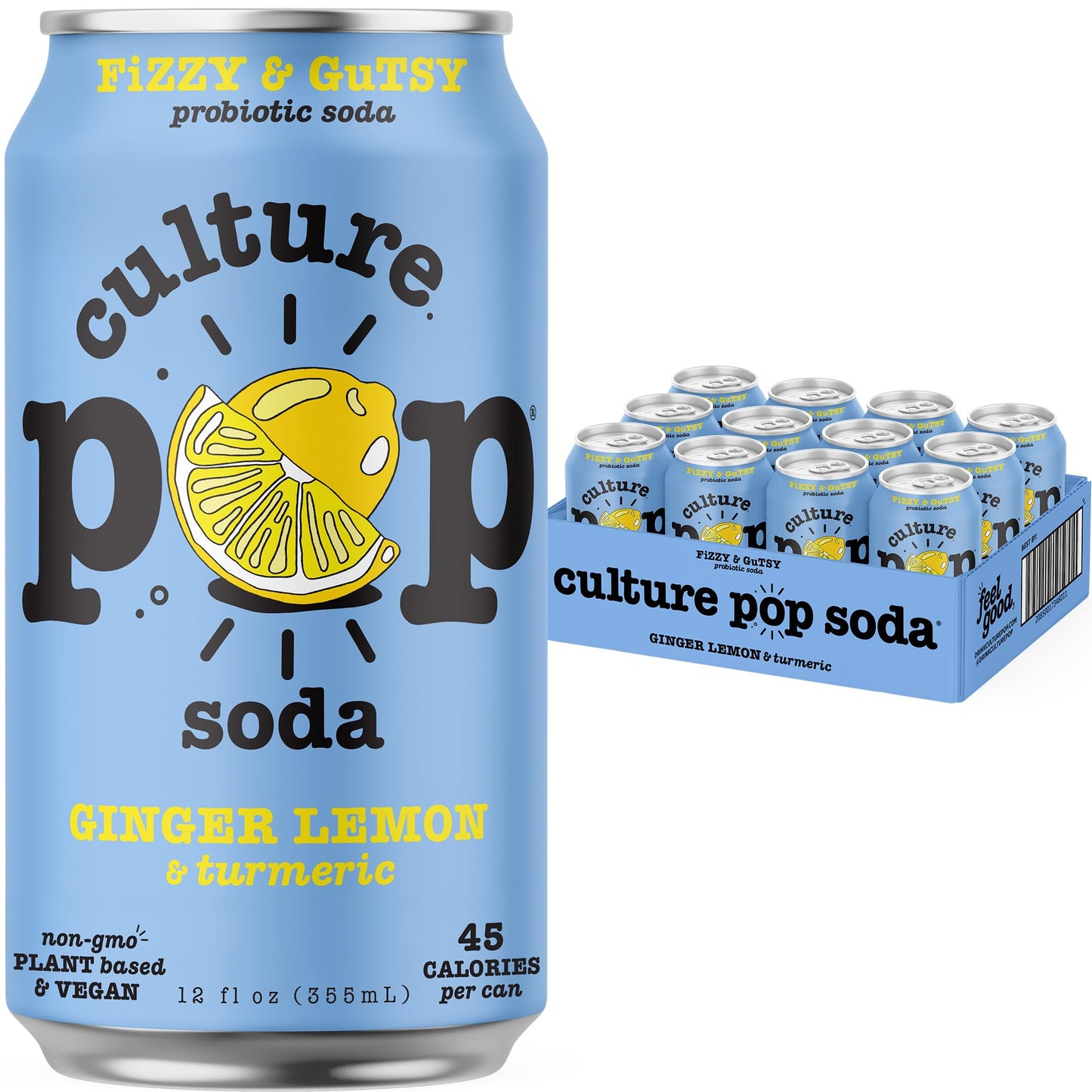 Culture Pop Soda Sparkling Probiotic Drink, Vegan Soda for Gut Health, Non-GMO, GF, No Added Sugar, 12 Pack, 12 Fl Oz Cans, Ging