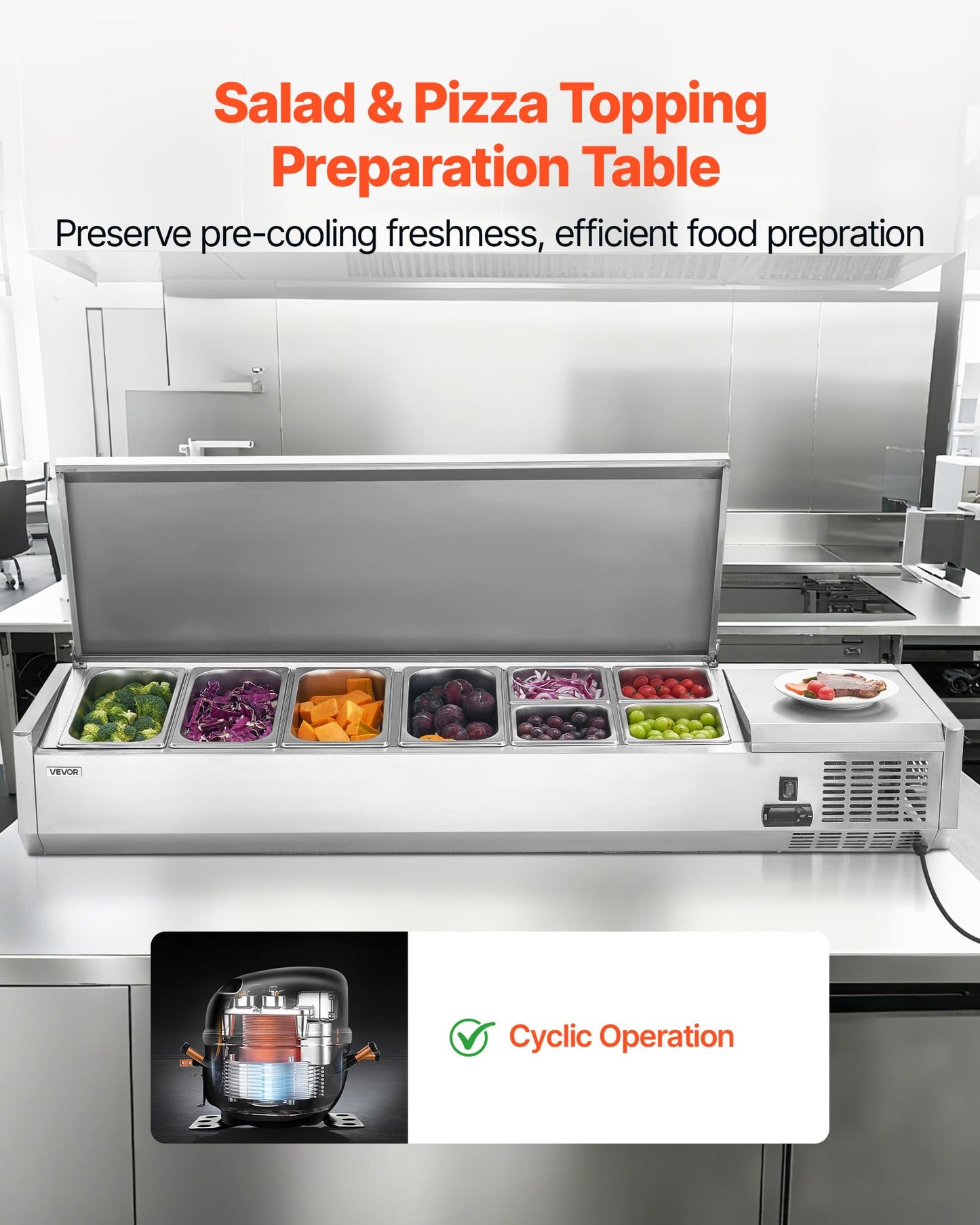 VEVOR Refrigerated Condiment Prep Station, 130 W Countertop Refrigerated Condiment Station, with Four 1/3 Pans & Four 1/6 Pans, 304 Stainless Body and PC Lid, Sandwich Prep Table with Stainless Guard