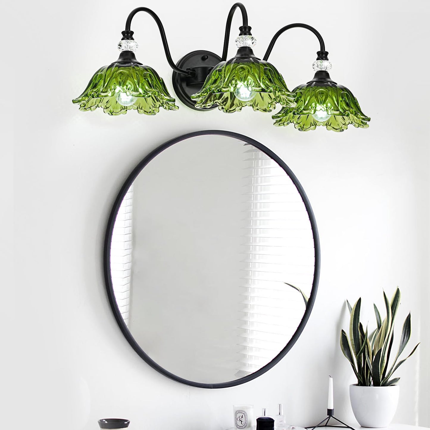 Sunkryster Black Bathroom Vanity Light 3-Light Vanity Light With Floral Green Glass Shades Vintage Farmhouse Wall Mount Lighting For Bathroom Dressing Table