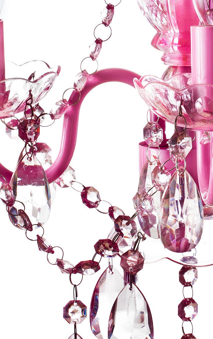 Gypsy Color 3 Light Plug-In Chandelier, Pink Metal Frame, Acrylic Crystals, Model Gymipk, H17”Xw12”