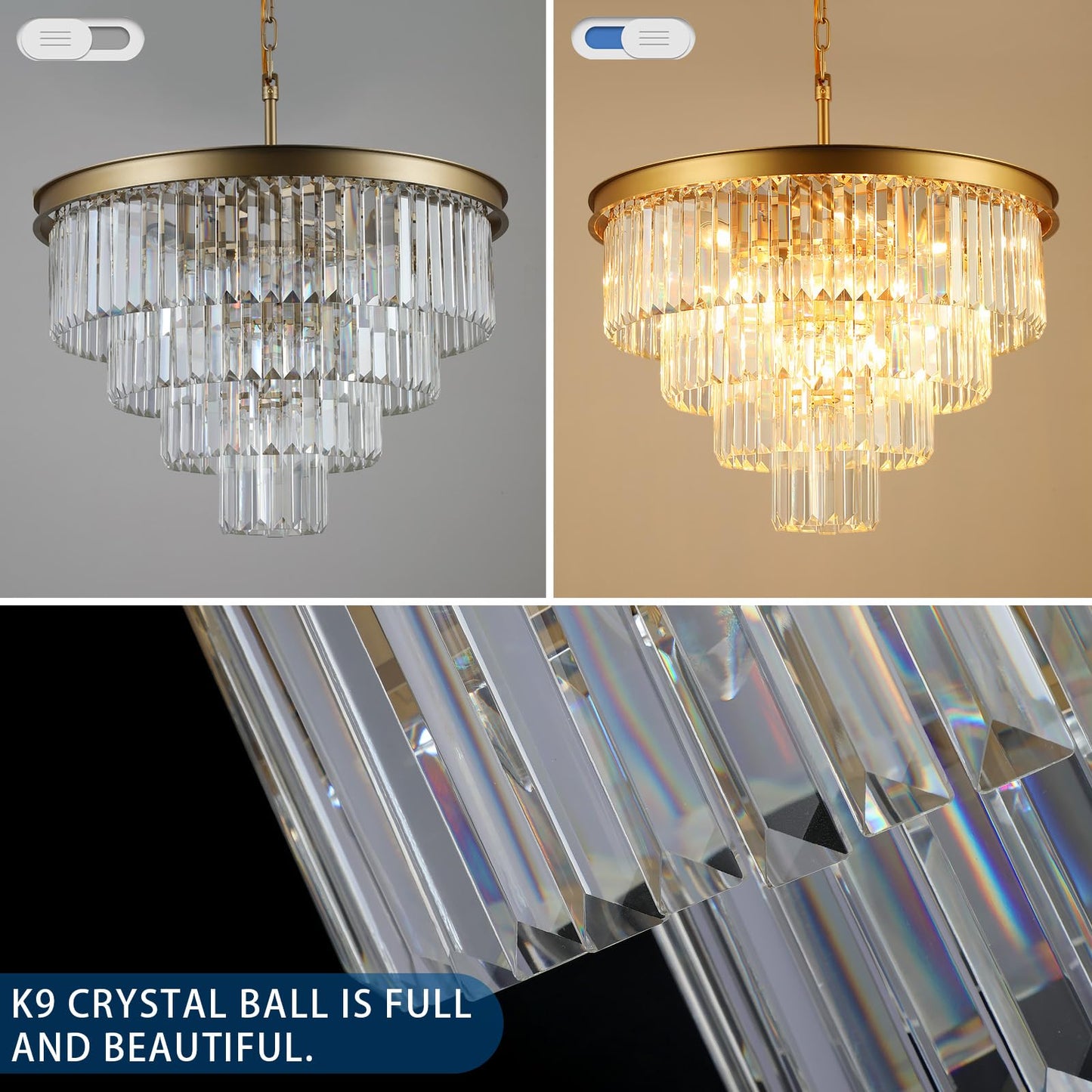 Crystal Chandeliers For Dining Room Lights Fixture Over Table 15 Lights Gold Modern Chandeliers For Living Room 4-Tier Round Crystal Lighting Fixtures For Bedroom Entryway Kitchen Island D24 Inch