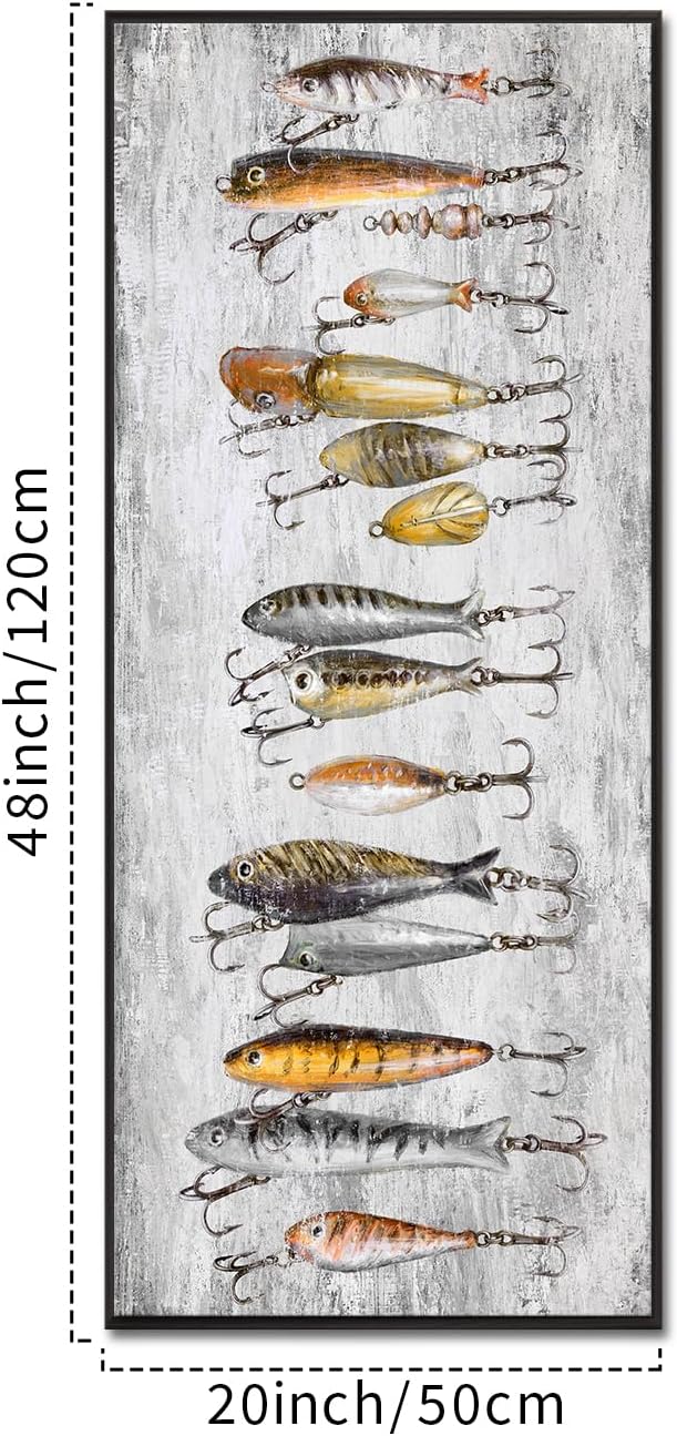 KREATIVE ARTS Fishing Lures Wall Art Vertical Canvas Print Tackle Bait Painting with Black Floater Frame Rustic Fishing Decor for Cabin Garage Lake House Bathroom 20x48 Inch Ready to Hang
