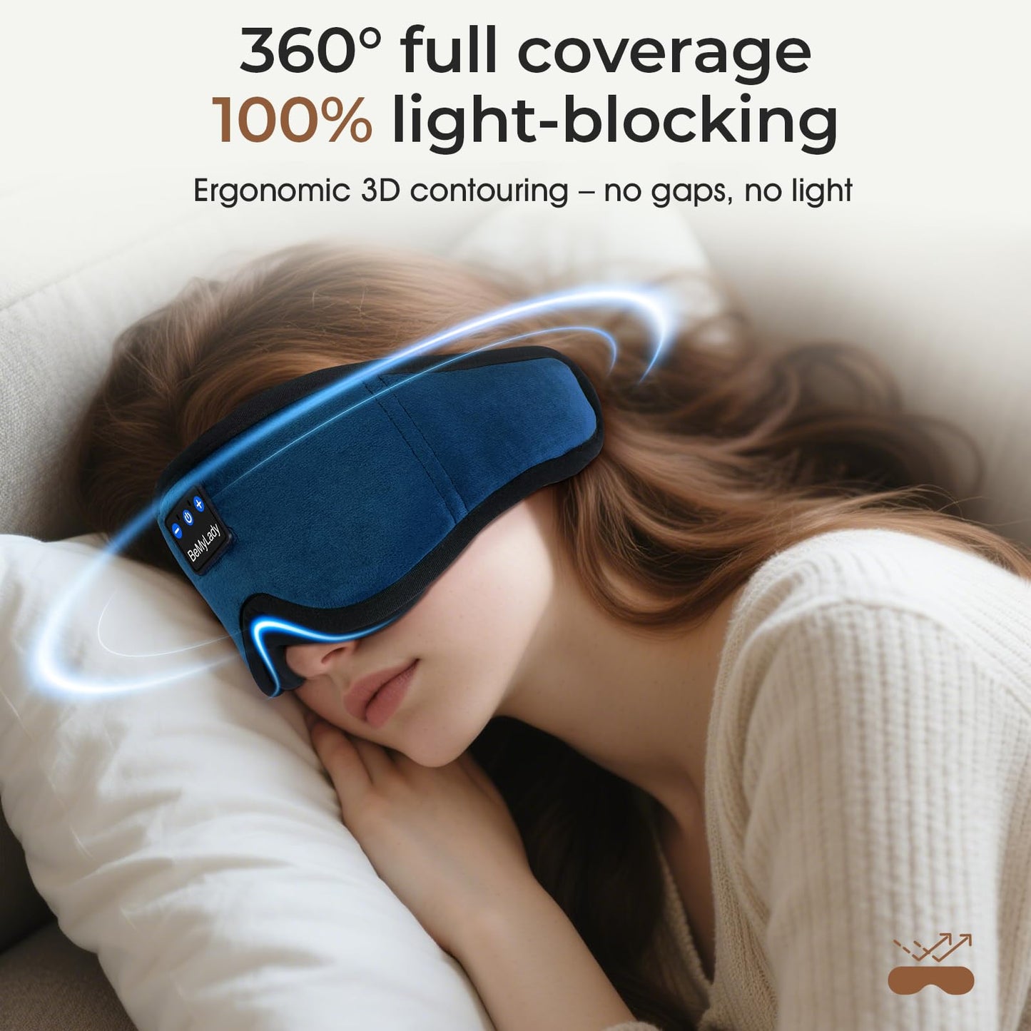 BeMyLady Sleep mask Headphones,100% Blackout 3D Zero Eye Pressure Bluetooth Sleep mask Breathable Eye mask with Bluetooth Headphones Sleep Headphones for Side Sleepers, 14H Playtime&Bluetooth 5.4 Blue