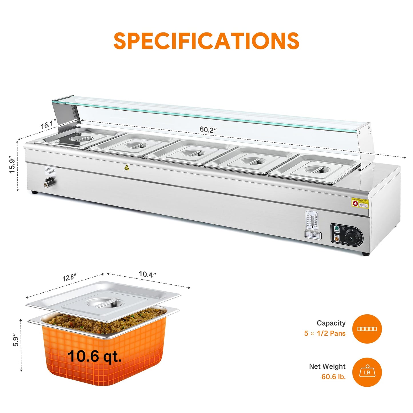 WILPREP 5-Pan Commercial Food Warmer with Sneeze Guard, Five 1/2 Pans, 1500W Countertop Electric Steam Table, 86-185°F Adjustable Temp Control, Stainless Steel Buffet Bain Marie