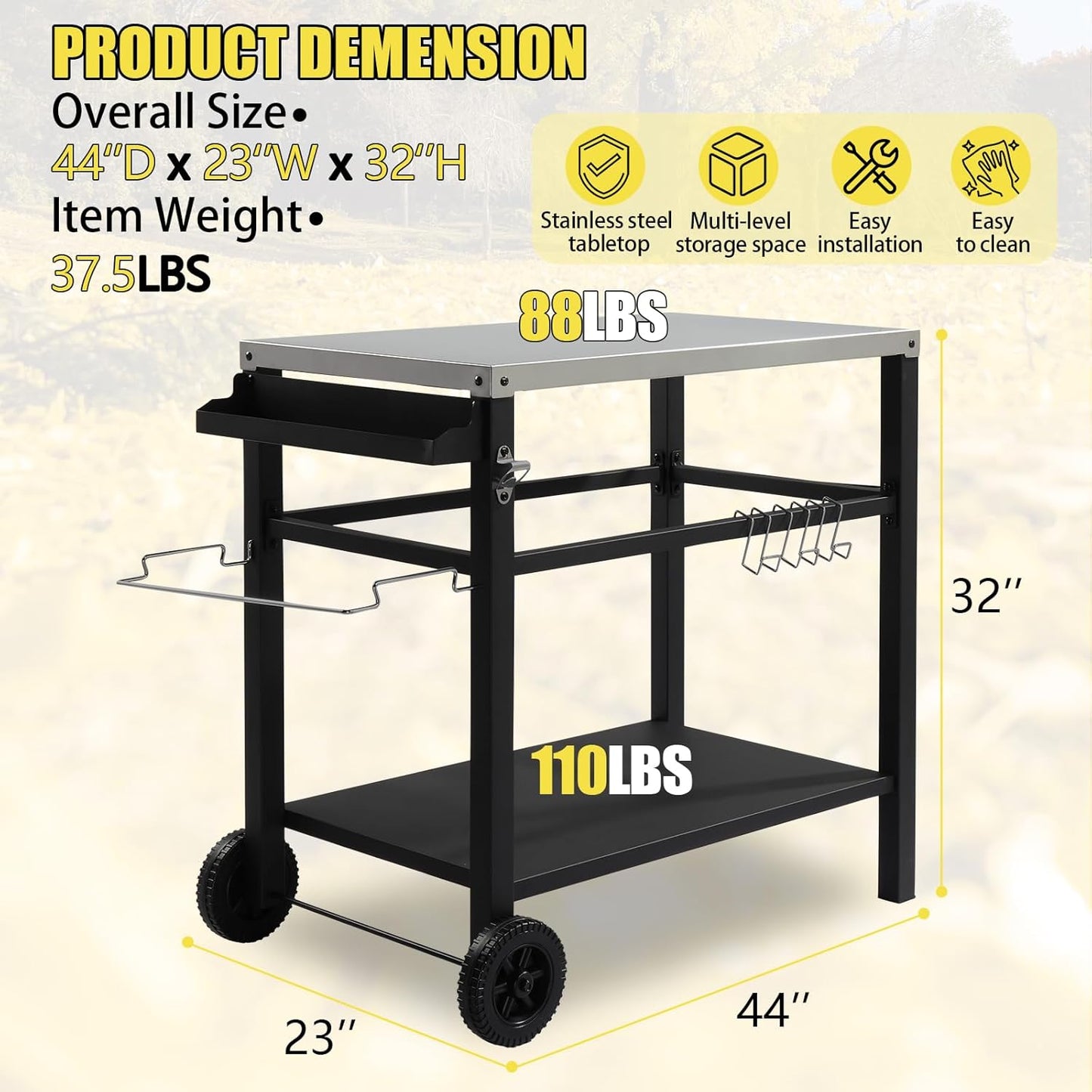 Outvita Outdoor Grill Cart, Movable Food Prep and Work Cart Table, Pizza Oven Stand Table with Wheels, Indoor & Outdoor Multifunctiona Stainless Steel Flattop BBQ Table for Home Party Camping