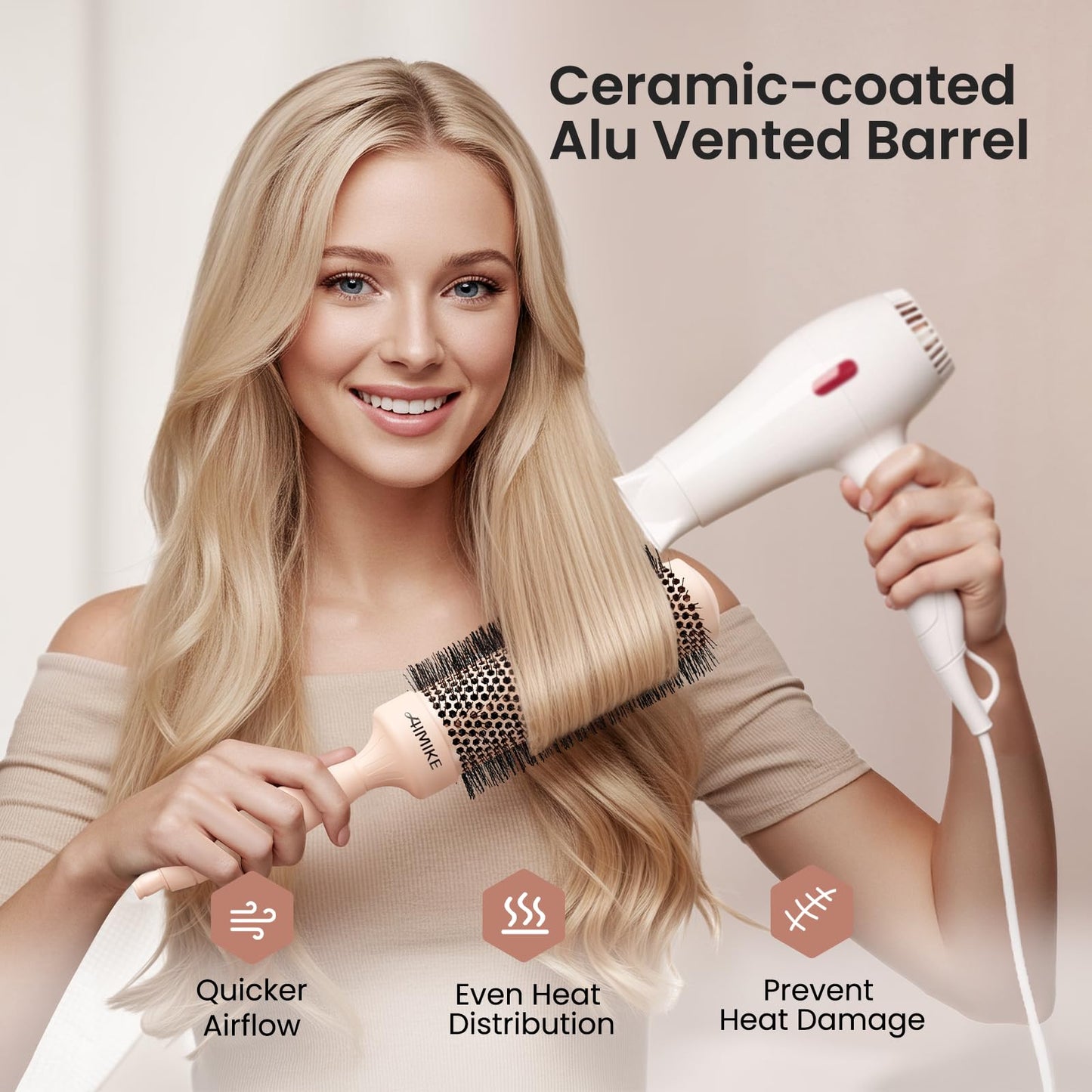 AIMIKE Round Brush for Blow Out, Extra Long Round Hair Brush w/Nano Thermal Ceramic & Ionic Tech, for Blow Drying & Styling, Cur
