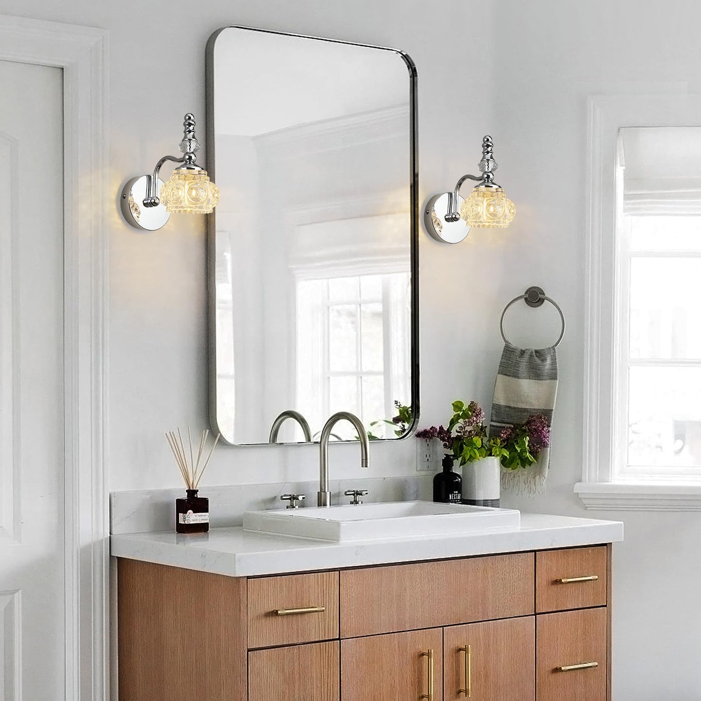 Lbsqj Modern Wall Sconces Set Of Two Indoor Lamp Chrome Vintage Glass Light Bathroom Vanity Fixture Wall-Mounted Room Lighting
