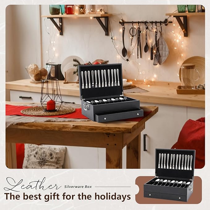 Leather Silverware Storage Box Flatware Storage Case with Felt Lined Leather Flatware Chest Silverware Organizer with Lid for Tableware Utensils Silver(2 Layer)