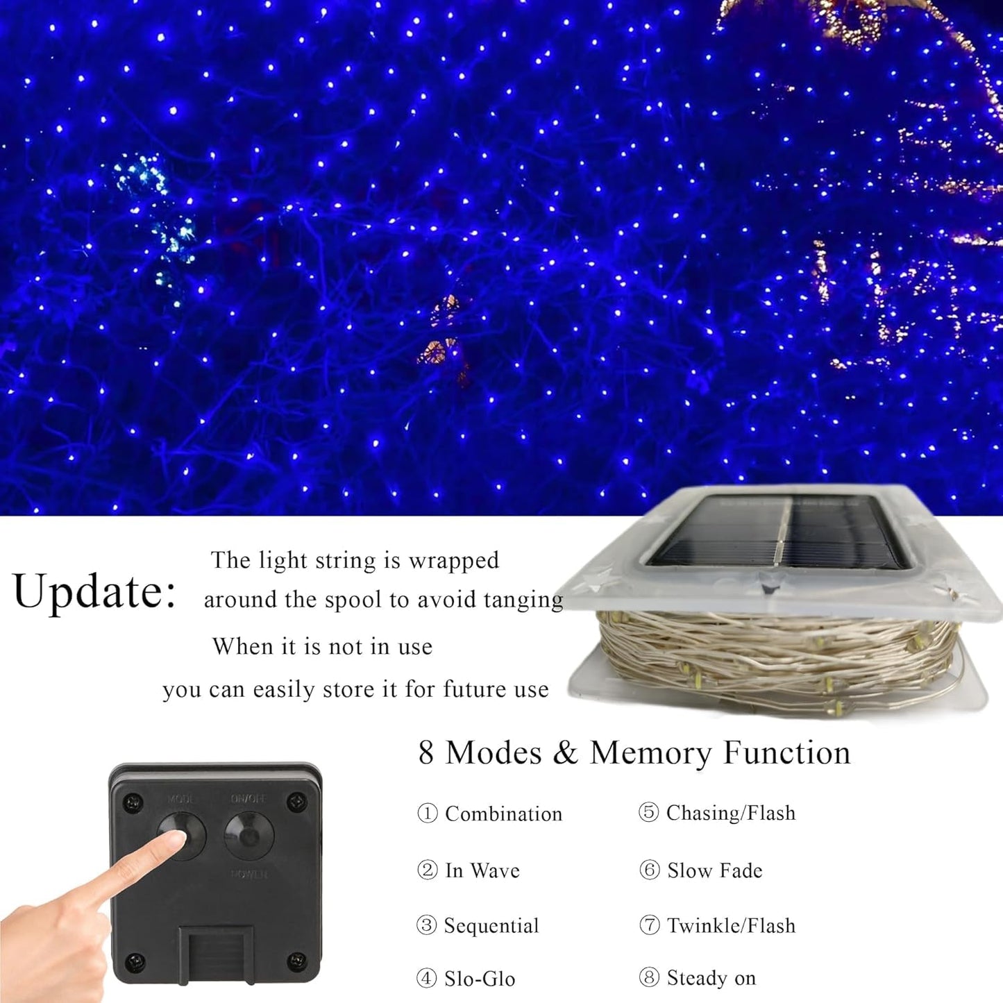 Lomotech Solar String Lights - 200LED Waterproof Fairy Lights, 66ft, Blue, 8 Modes, Outdoor, Patio, Garden, Wedding, Party Decor