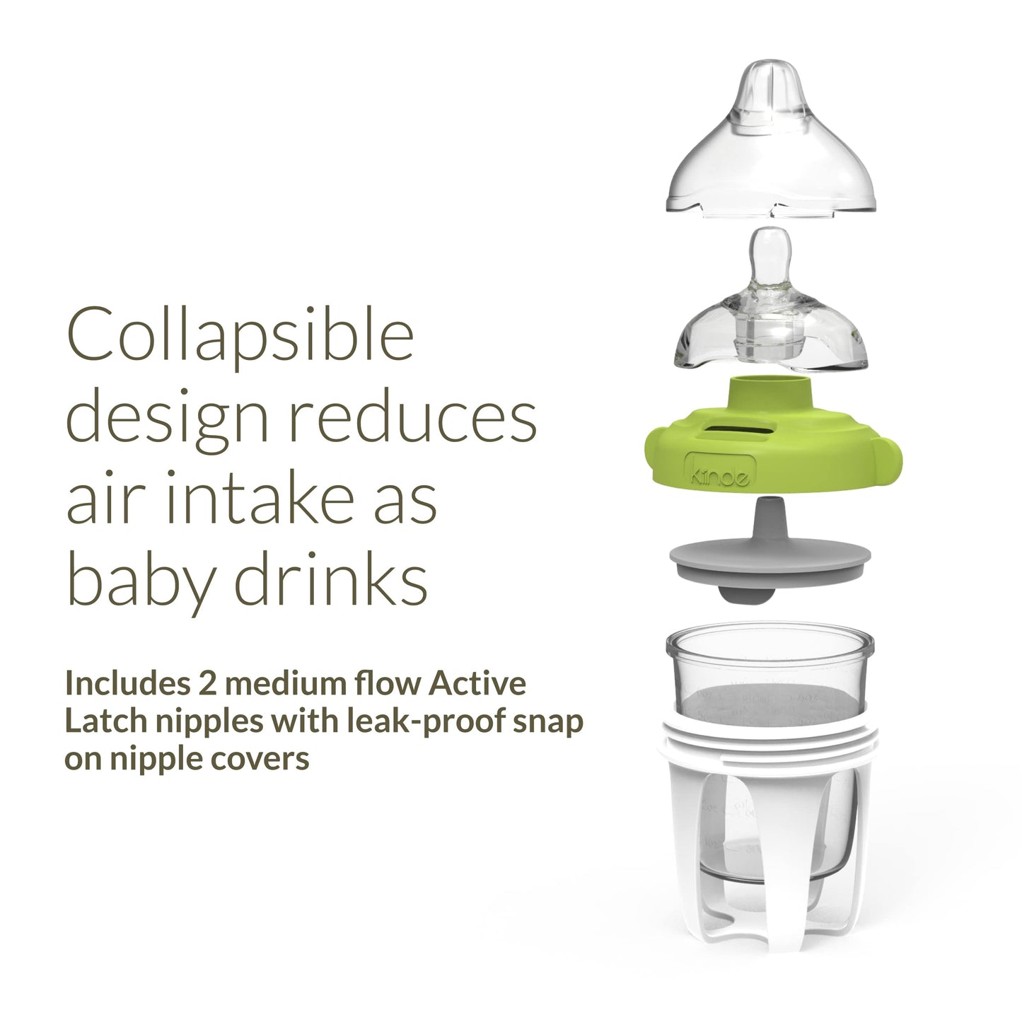 Kiinde Active Latch Silicone Baby Bottle, Anti Colic, Leak Proof, Easy to Clean, Includes 2 Medium Flow Active Latch Nipples with Covers, 4 Ounce, 2 Count, Green