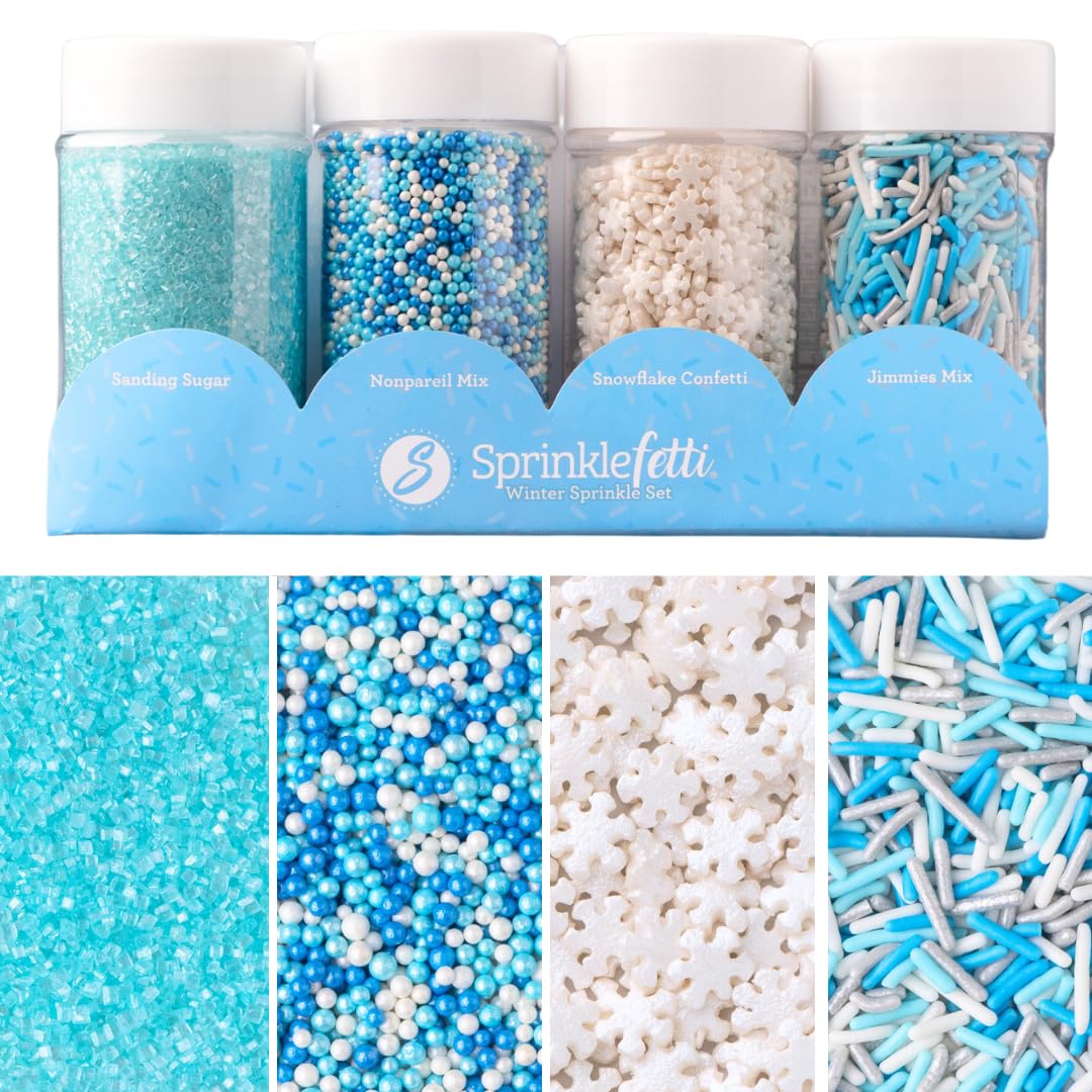 Sweets Indeed Winter Sprinkle 4-Pack - 10.90 oz | Blue Sugar Crystals Shimmer Snowflakes Winter Jimmies & Nonpareils | Frozen-Inspired Christmas & Holiday Baking Decorations