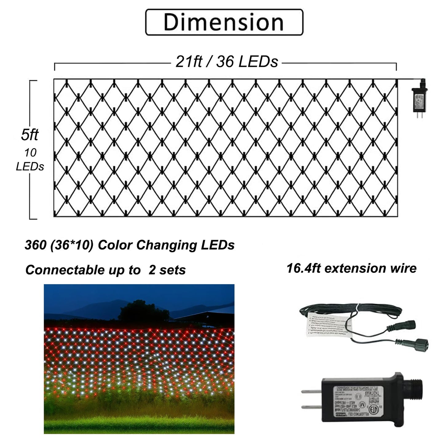 Pooqla Christmas Net Lights, 360 LED, 21ft x 5ft, Red and White, 8 Modes, Connectable for Outdoor Decor