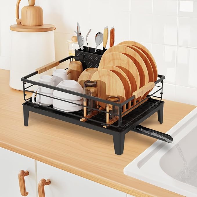 JYPS Dish Drying Rack for Kitchen Counter Decor with Drainboard Auto-Drain,Rustproof Dish Rack Drainers with Utensil Holder, Wooden Handles,360° Rotatable Drainer, Higher Legs (Black)