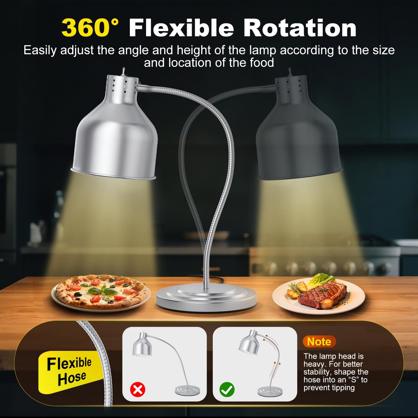BOEASTER Food Heat Lamp, Single Head 250W Stainless Steel Commercial Food Warmer Lamp with 2 Bulbs, 360° Adjustable Portable Electric Warming Light for Restaurant Kitchen Buffet Counter Party Catering