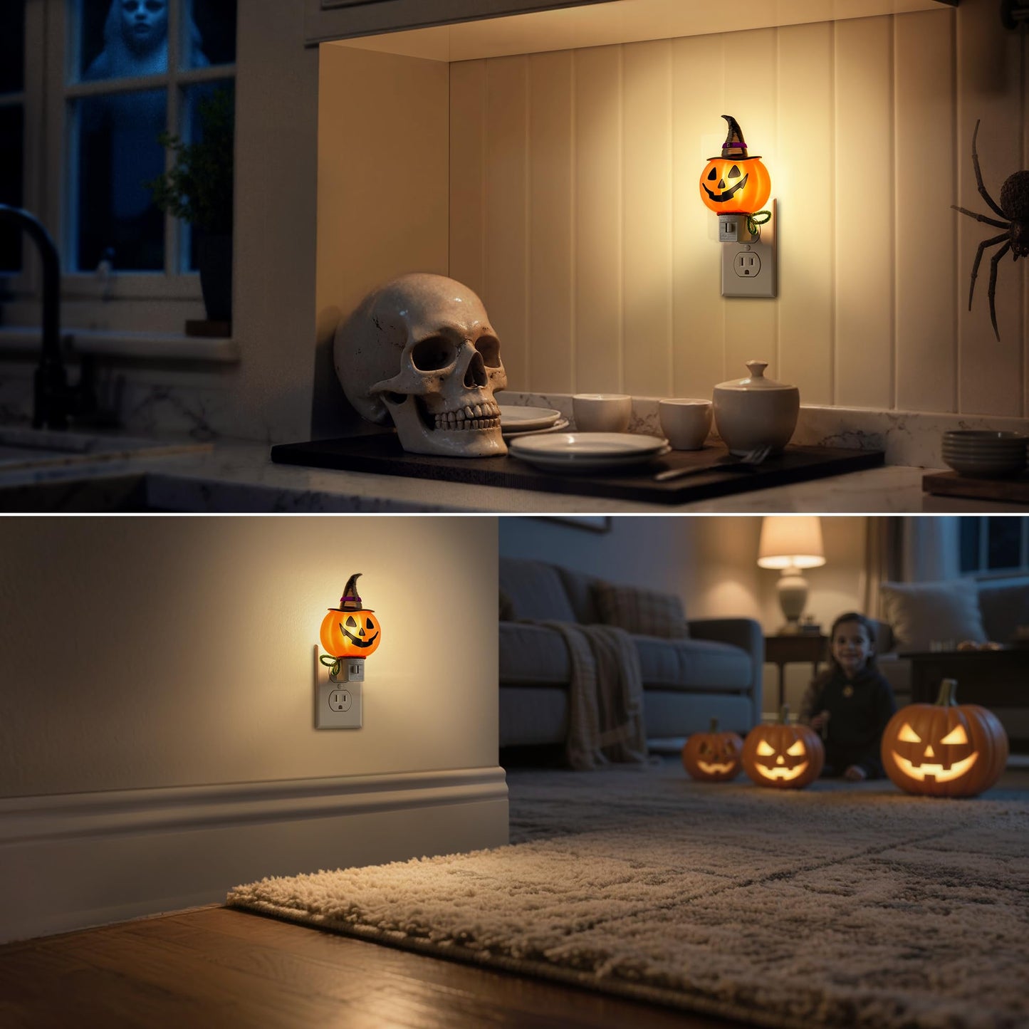 DORESshop Pumpkin Night Light, 3000K Warm White, 2 Pack, Plug-in, 360? Rotatable, Cute Halloween Decor for Kids