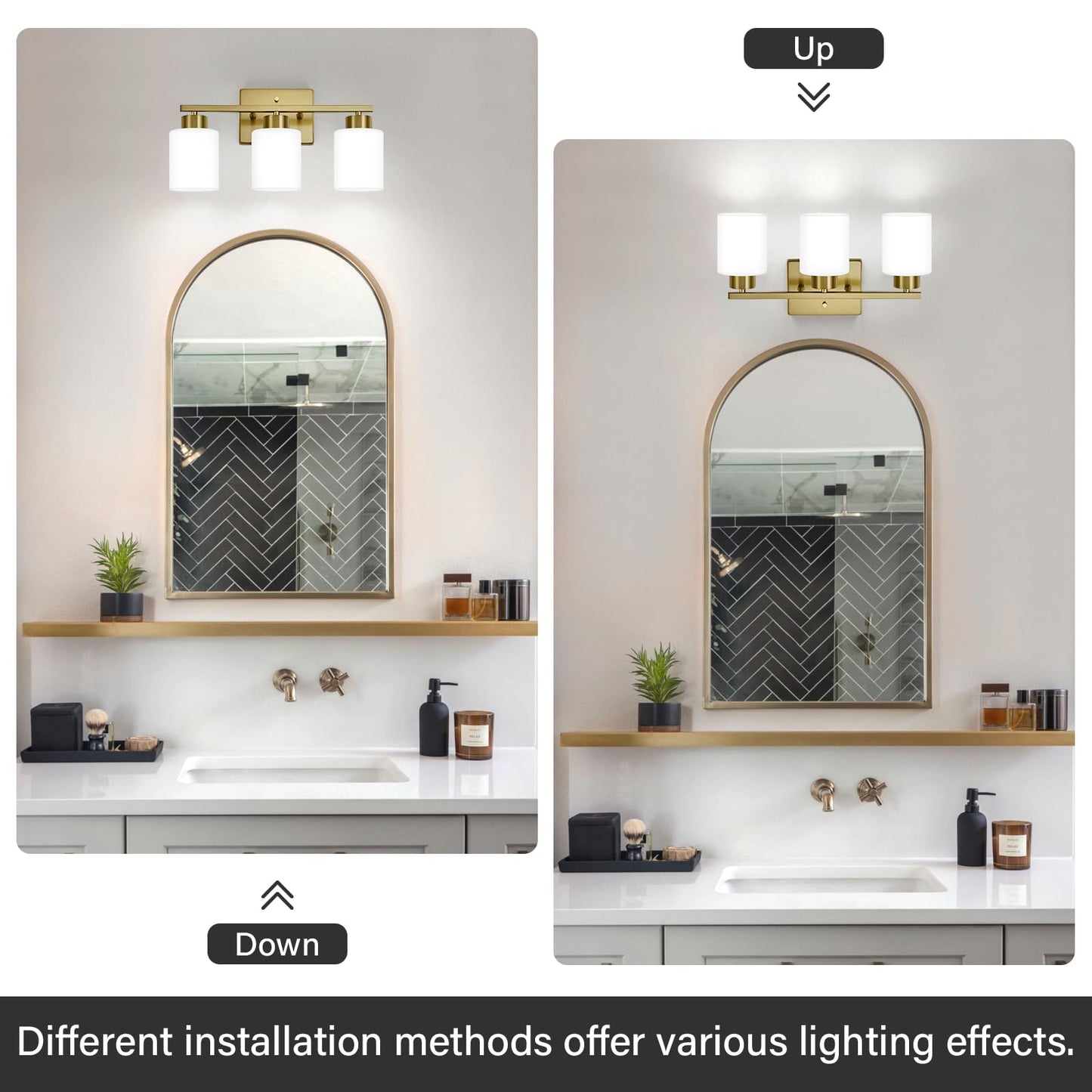 FonmYim Brushed Gold 3-Light Bathroom Vanity Light Fixture, Metal with Frosted Glass Shades, Model FY-GB3105-RG3