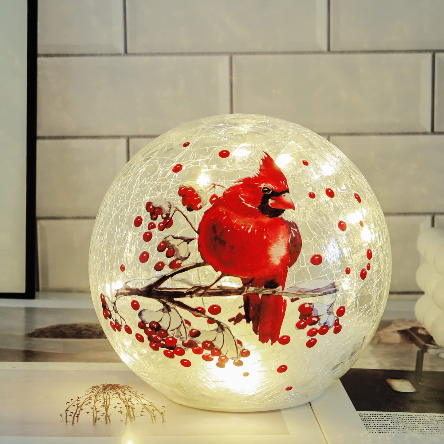 Cordless le Glass Ball Cardinal Lamp With Timer Battery Operated Led Red Bird Stained Christmas Decor Accent Sphere Table Lamp MotherS Day Gift Lighted Orb Cardinal Globe Desk Night Light